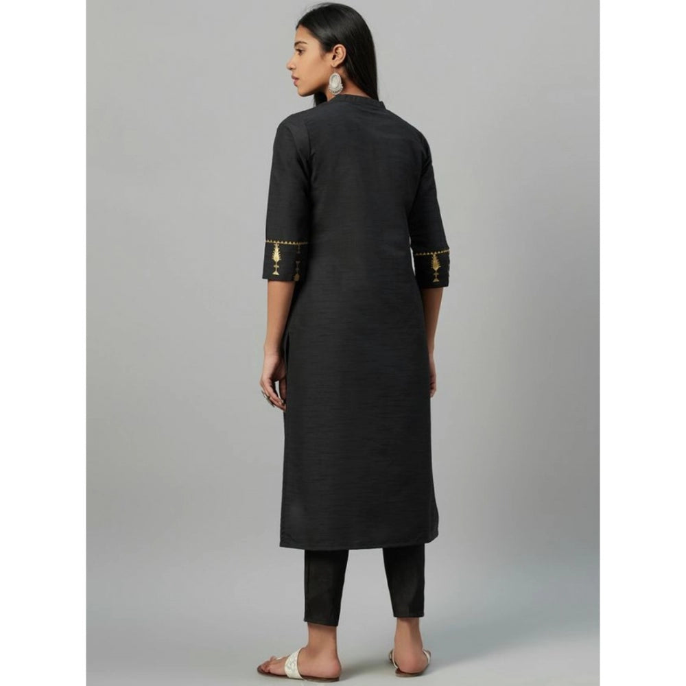 Amfyn Women's Casual 3-4Th Sleeve Ethnic Motifs Poly Silk Kurti and Pant Set (Black)