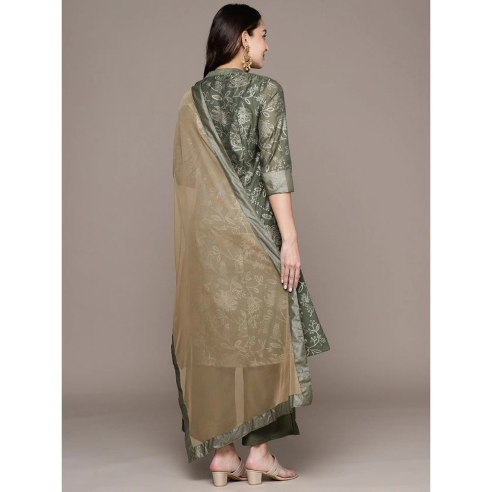 Amfyn Women's Casual 3-4Th Sleeve Floral Printed Chanderi Cotton Kurti Palazzo And Dupatta Set (Green)