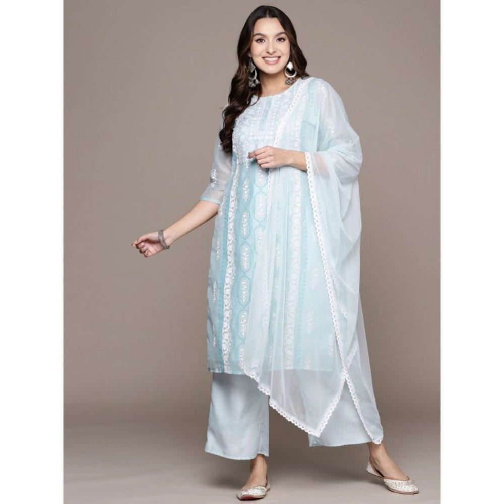 Amfyn Women's Casual 3-4Th Sleeve Floral Printed Chanderi Cotton Kurti Palazzo And Dupatta Set (Blue)