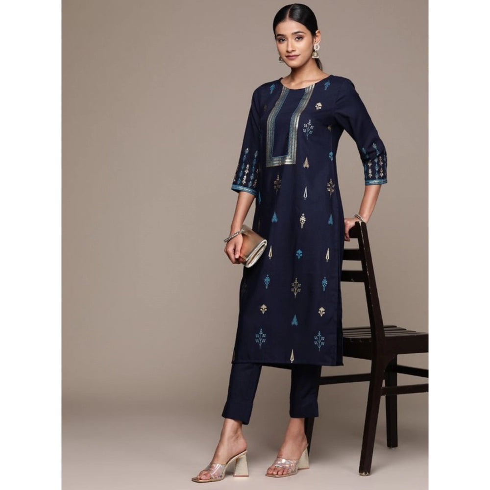 Amfyn Women's Casual 3-4Th Sleeve Floral Printed Rayon Kurti And Pant Set (Navy Blue)