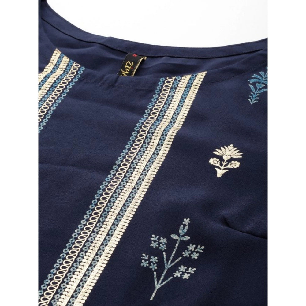 Amfyn Women's Casual 3-4Th Sleeve Floral Printed Rayon Kurti And Pant Set (Navy Blue)