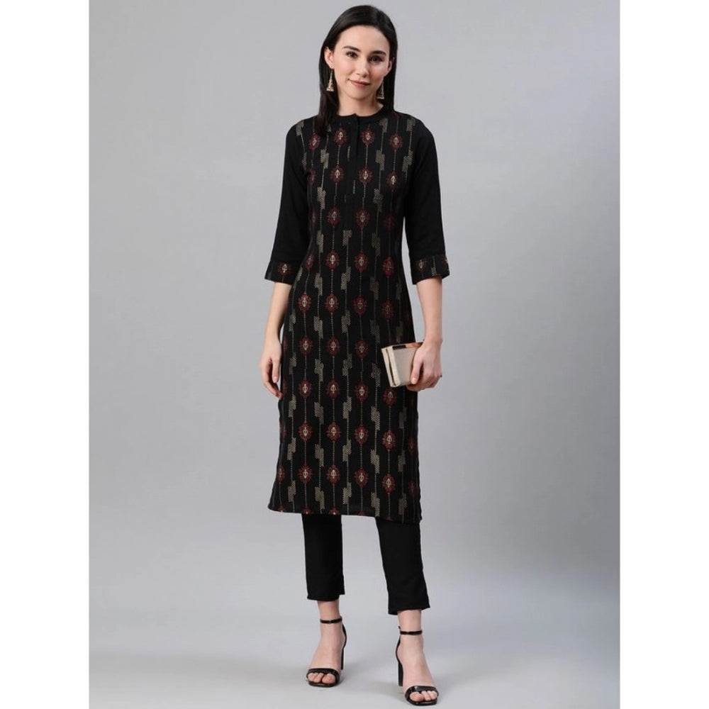 Amfyn Women's Casual 3-4Th Sleeve Ethnic Motifs Rayon Kurti And Pant Set (Black)