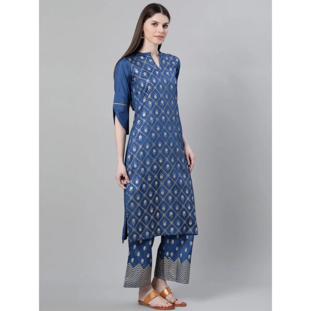 Amfyn Women's Casual 3-4Th Sleeve Floral Printed Poly Silk KurtiPalazzo And Dupatta Set (Blue)