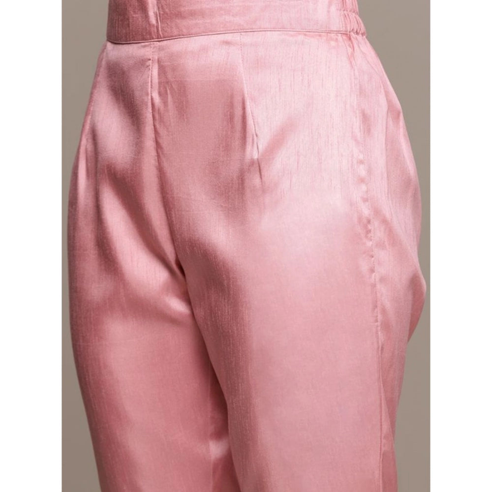 Amfyn Women's Casual 3-4Th Sleeve Floral Printed Poly Silk Kurti Pant And Dupatta Set (Light Pink)