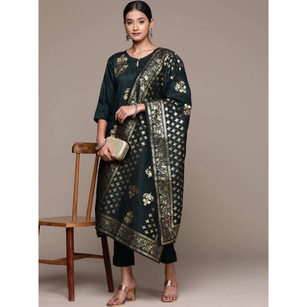 Amfyn Women's Casual 3-4Th Sleeve Ethnic Motifs Chinon Kurti Pant And Dupatta Set (Bottle Green)