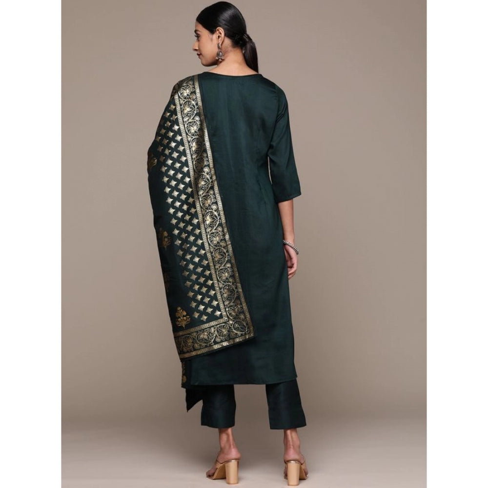 Amfyn Women's Casual 3-4Th Sleeve Ethnic Motifs Chinon Kurti Pant And Dupatta Set (Bottle Green)