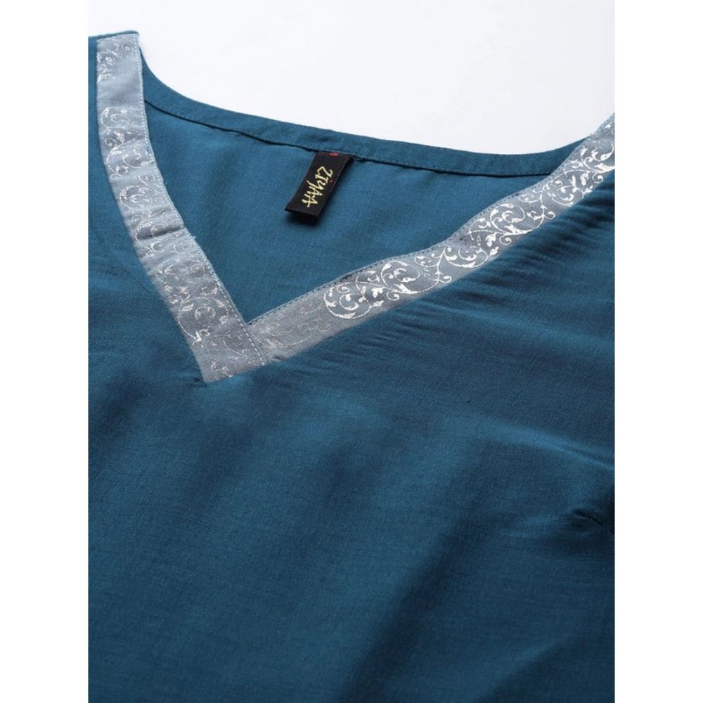 Amfyn Women's Casual 3-4Th Sleeve Mughal Stripe Design Chinon Kurti Pant And Dupatta Set (Teal Blue)