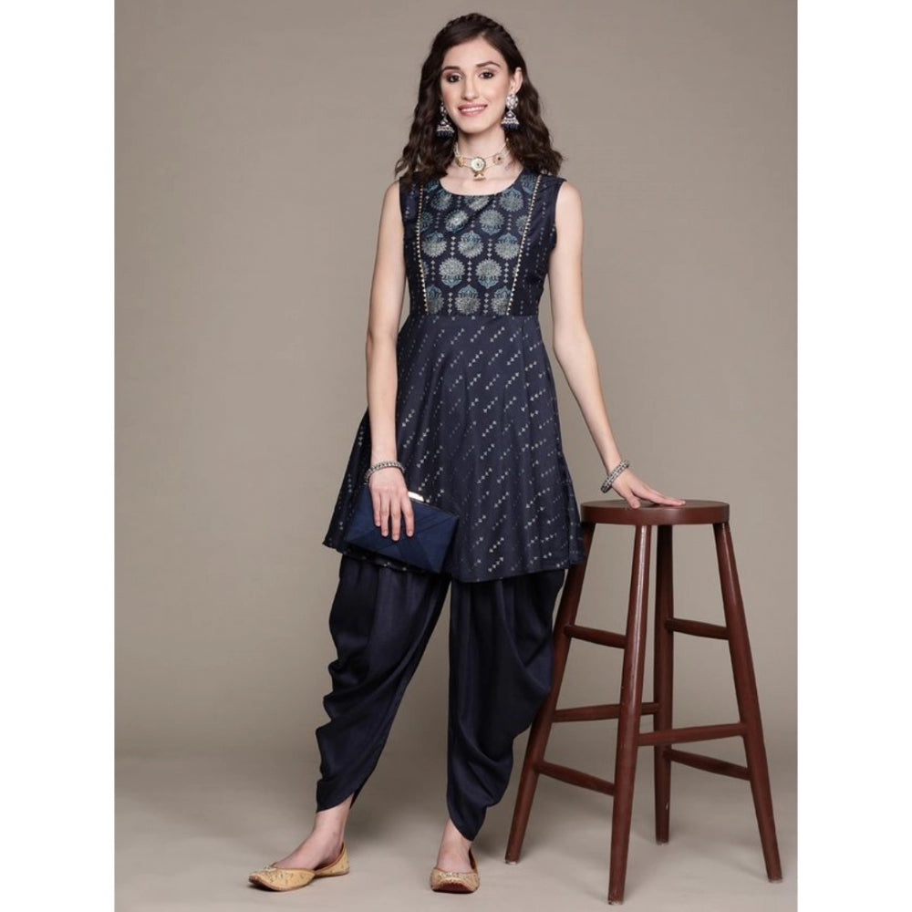 Amfyn Women's Casual Sleeveless Floral Printed Chinon Kurti And Dhoti Pant Set (Dark Blue)