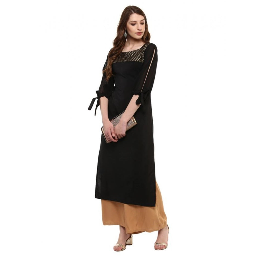 Amfyn Women's Casual 3-4Th Sleeve Solid Crepe Kurti (Black)