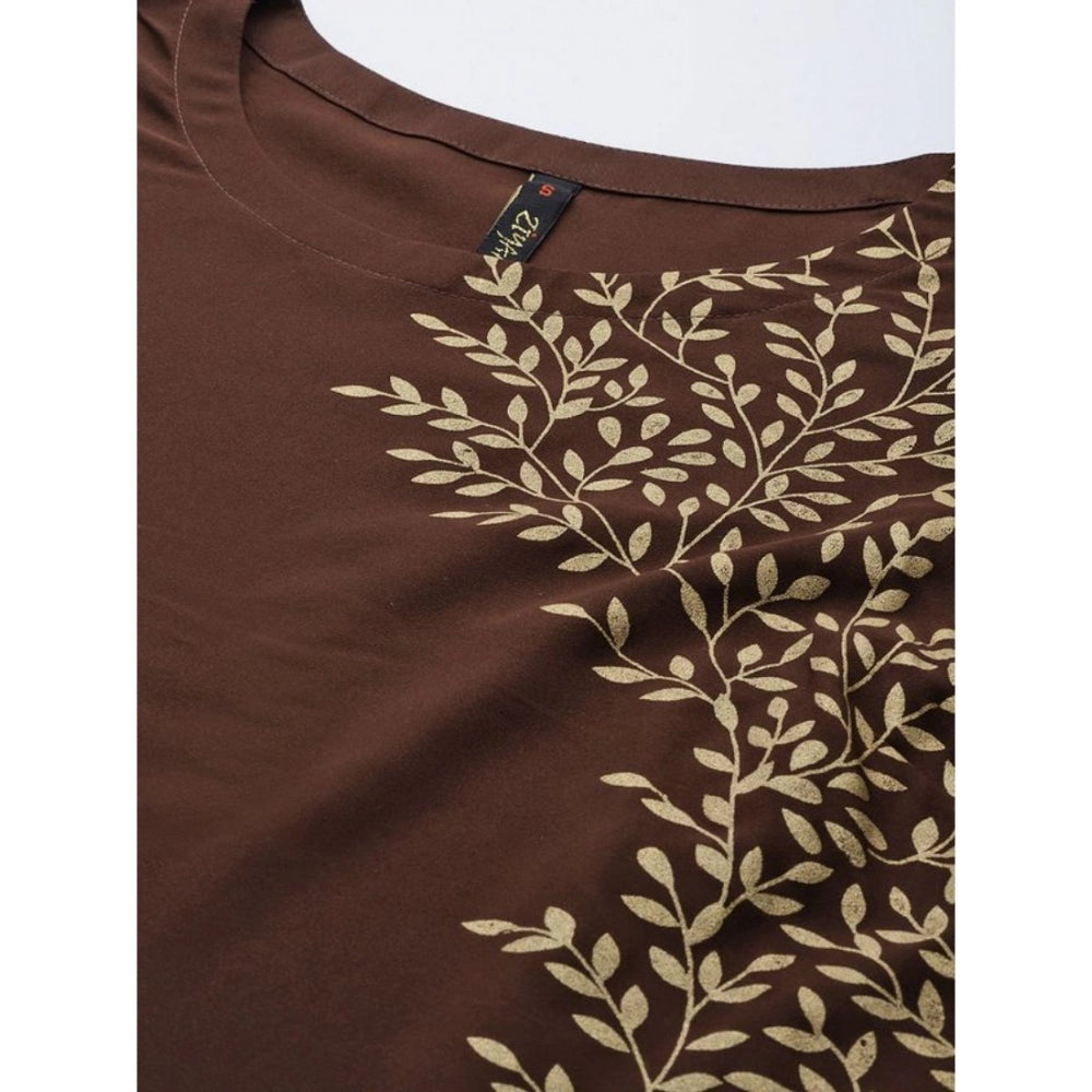 Amfyn Women's Casual Short Sleeves Floral Printed Crepe Kurti (Brown)