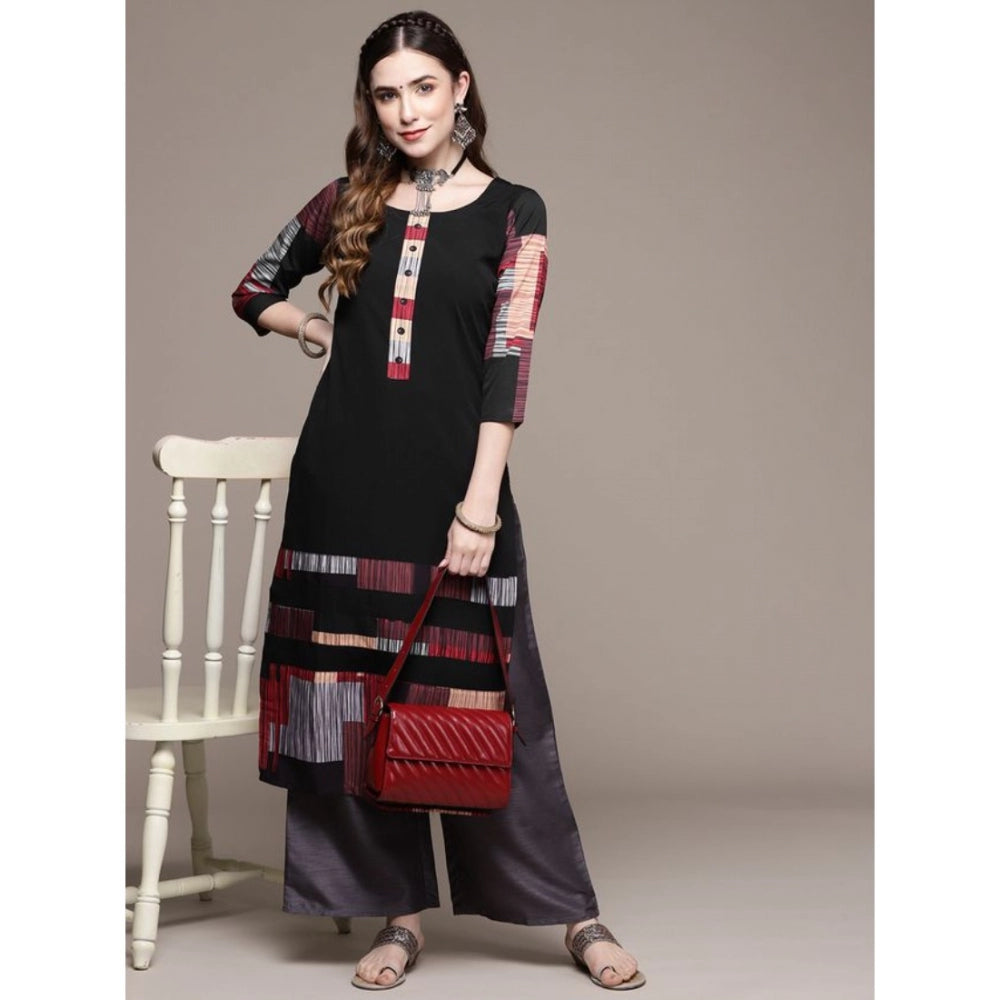 Amfyn Women's Casual 3-4Th Sleeve Ethnic Motifs Crepe Kurti (Black)