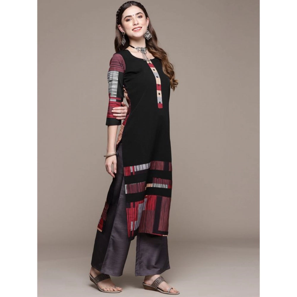 Amfyn Women's Casual 3-4Th Sleeve Ethnic Motifs Crepe Kurti (Black)