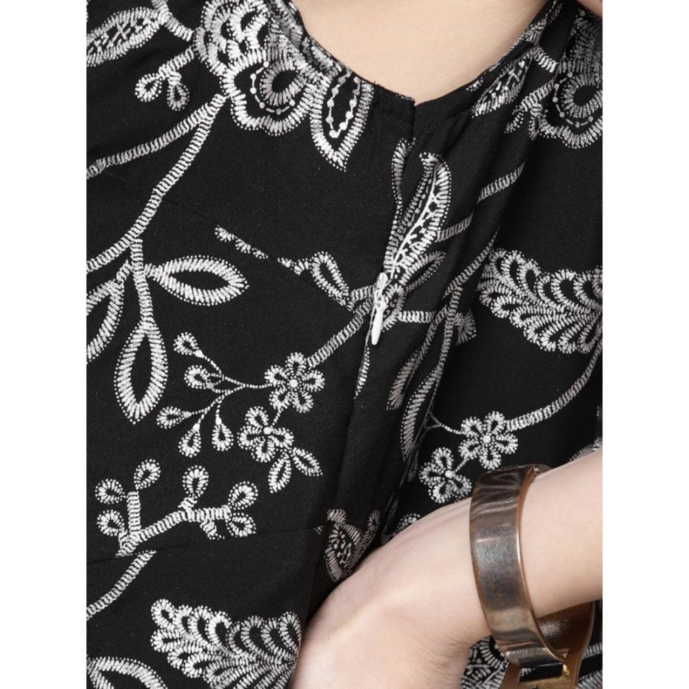 Amfyn Women's Casual Sleeveless Floral Printed Crepe Ethnic Dress (Black)