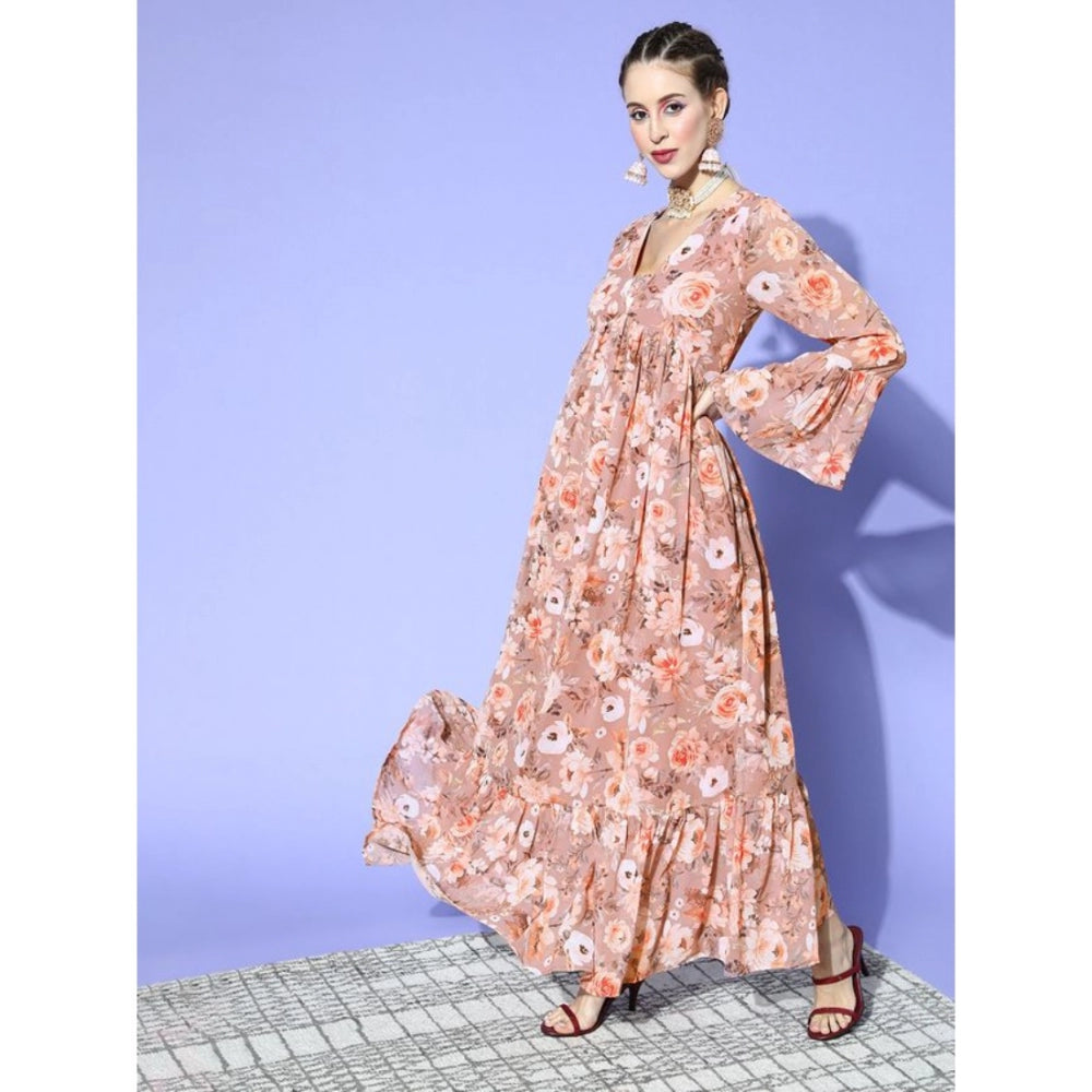 Amfyn Women's Casual Full Sleeve Floral Printed Georgette Dresses (Brown)