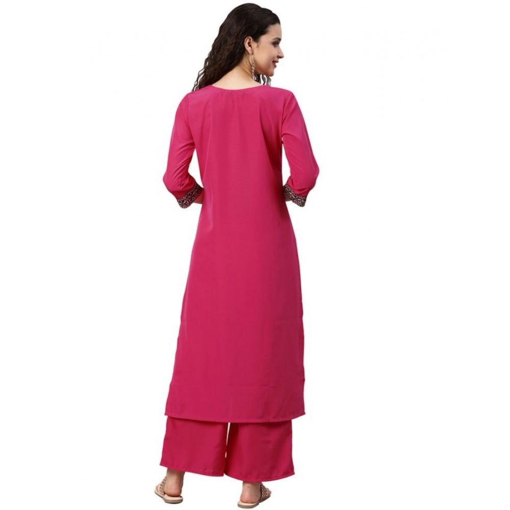 Amfyn Women's Casual 3-4Th Sleeve Solid Crepe Kurti And Palazzo Set (Pink)