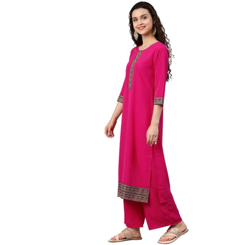 Amfyn Women's Casual 3-4Th Sleeve Solid Crepe Kurti And Palazzo Set (Pink)