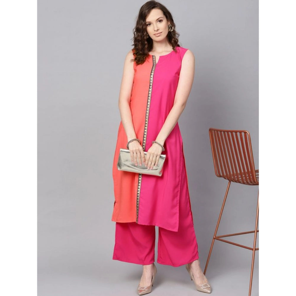 Amfyn Women's Casual Sleeveless Floral Printed Crepe Kurti and Palazzo Set (Pink)