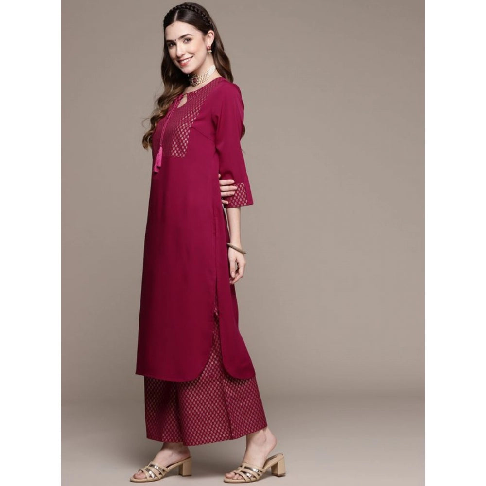 Amfyn Women's Casual Full Sleeve Ethnic Motifs Crepe Kurti and Palazzo Set (Dark Pink)