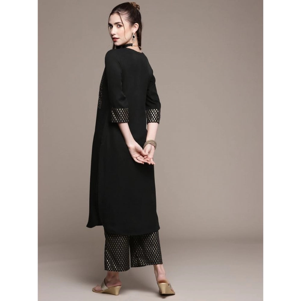 Amfyn Women's Casual Full Sleeve Ethnic Motifs Crepe Kurti and Palazzo Set (Black)