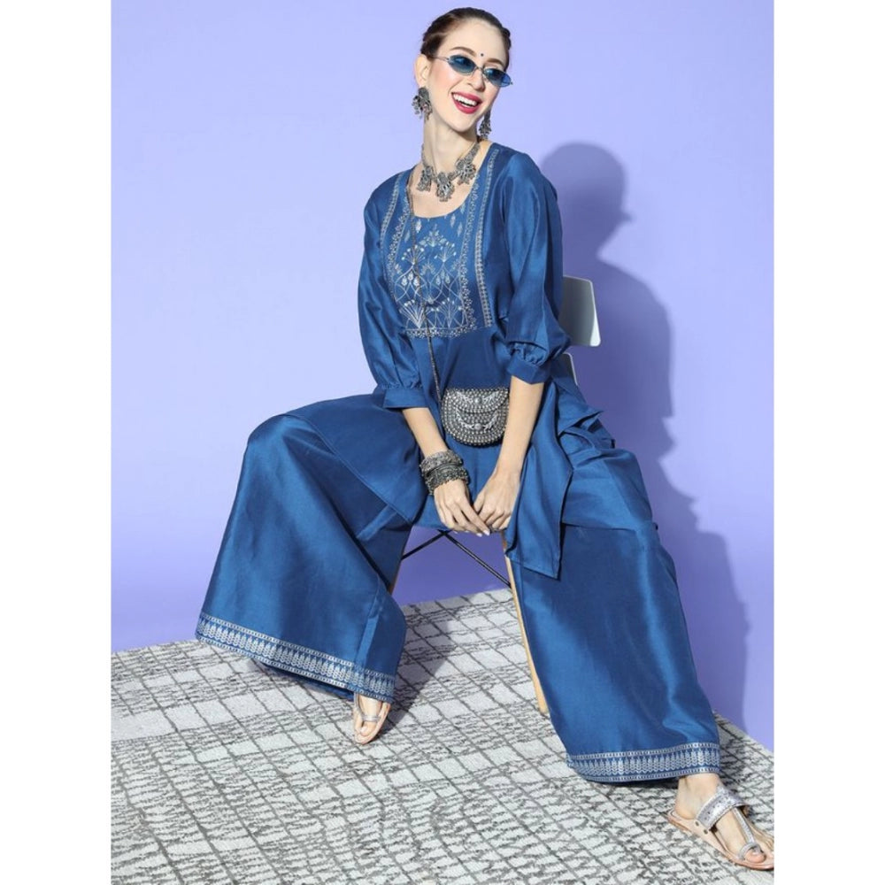 Amfyn Women's Casual 3-4Th Sleeve Floral Printed Chinon Kurti And Palazzo Set (Blue)