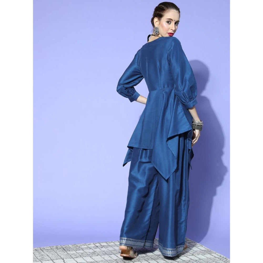 Amfyn Women's Casual 3-4Th Sleeve Floral Printed Chinon Kurti And Palazzo Set (Blue)