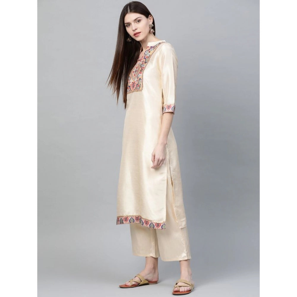 Amfyn Women's Casual 3-4Th Sleeve Ethnic Motifs Poly Silk Kurti and Palazzo Set (Cream)