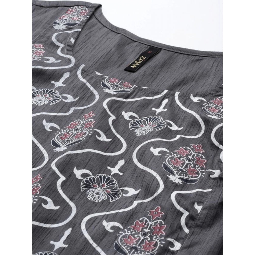 Amfyn Women's Casual Sleeveless Floral Printed Poly Silk Kurti and Palazzo Set (Dark Grey)