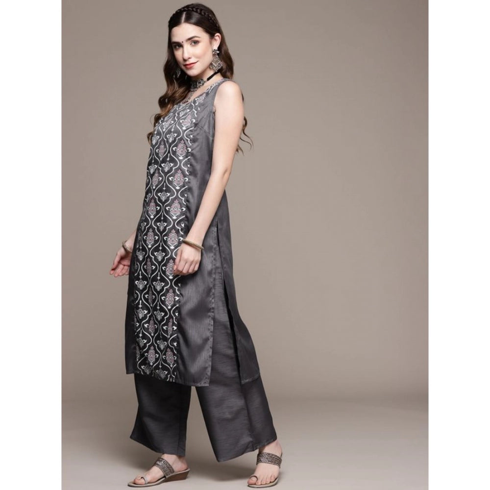 Amfyn Women's Casual Sleeveless Floral Printed Poly Silk Kurti and Palazzo Set (Dark Grey)