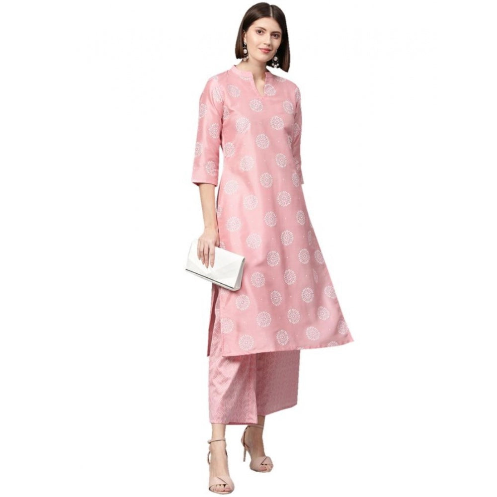 Amfyn Women's Casual 3-4Th Sleeve Floral Printed Poly Silk Kurti And Palazzo Set (Pink)