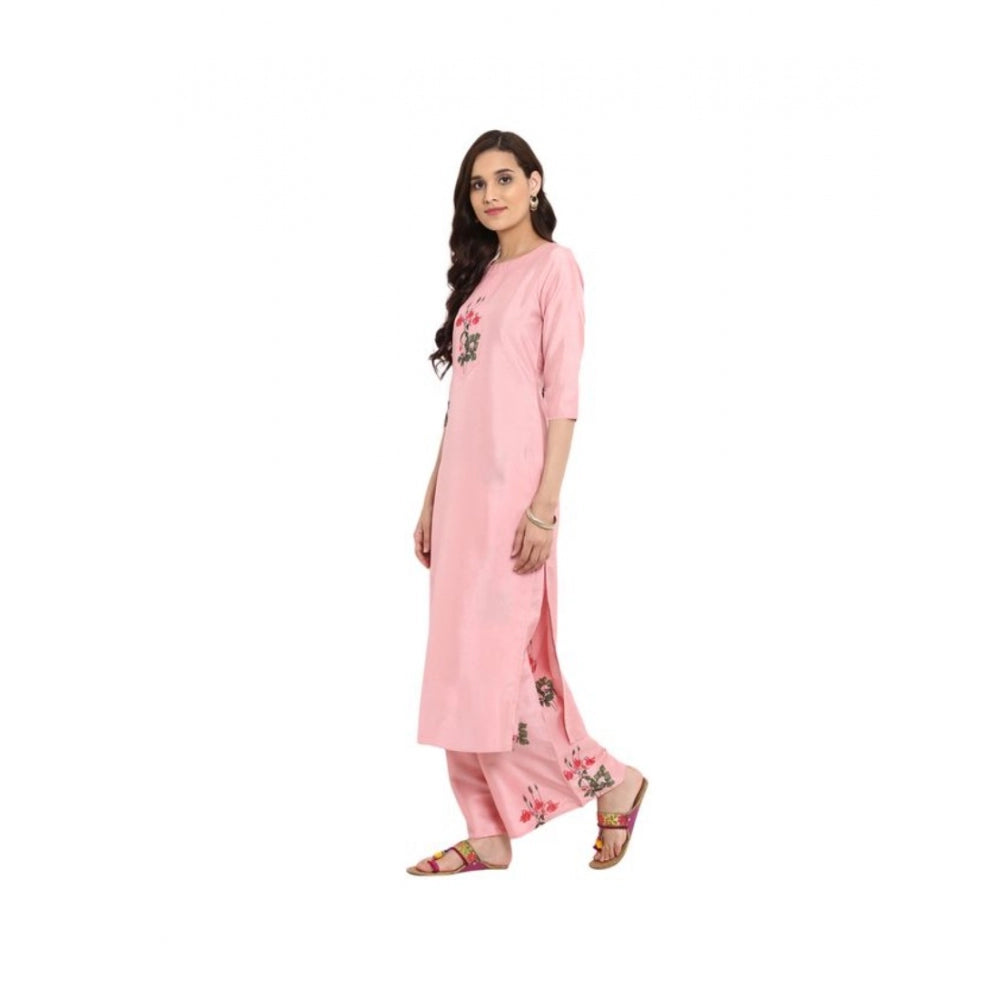 Amfyn Women's Casual 3-4Th Sleeve Floral Printed Poly Silk Kurti and Palazzo Set (Pink)