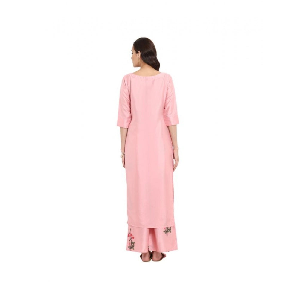 Amfyn Women's Casual 3-4Th Sleeve Floral Printed Poly Silk Kurti and Palazzo Set (Pink)