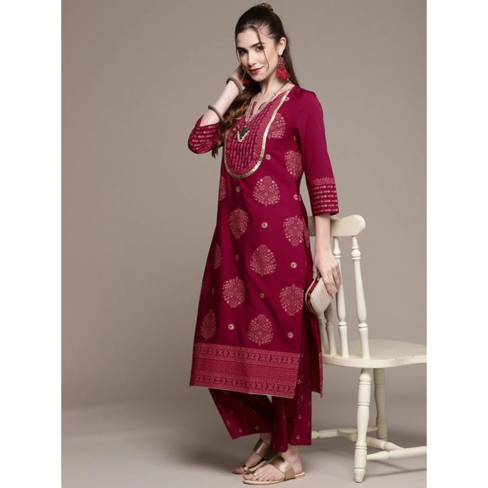 Amfyn Women's Casual 3-4Th Sleeve Floral /Ethnic Motifs Crepe Kurti And Palazzo Set (Dark Pink)