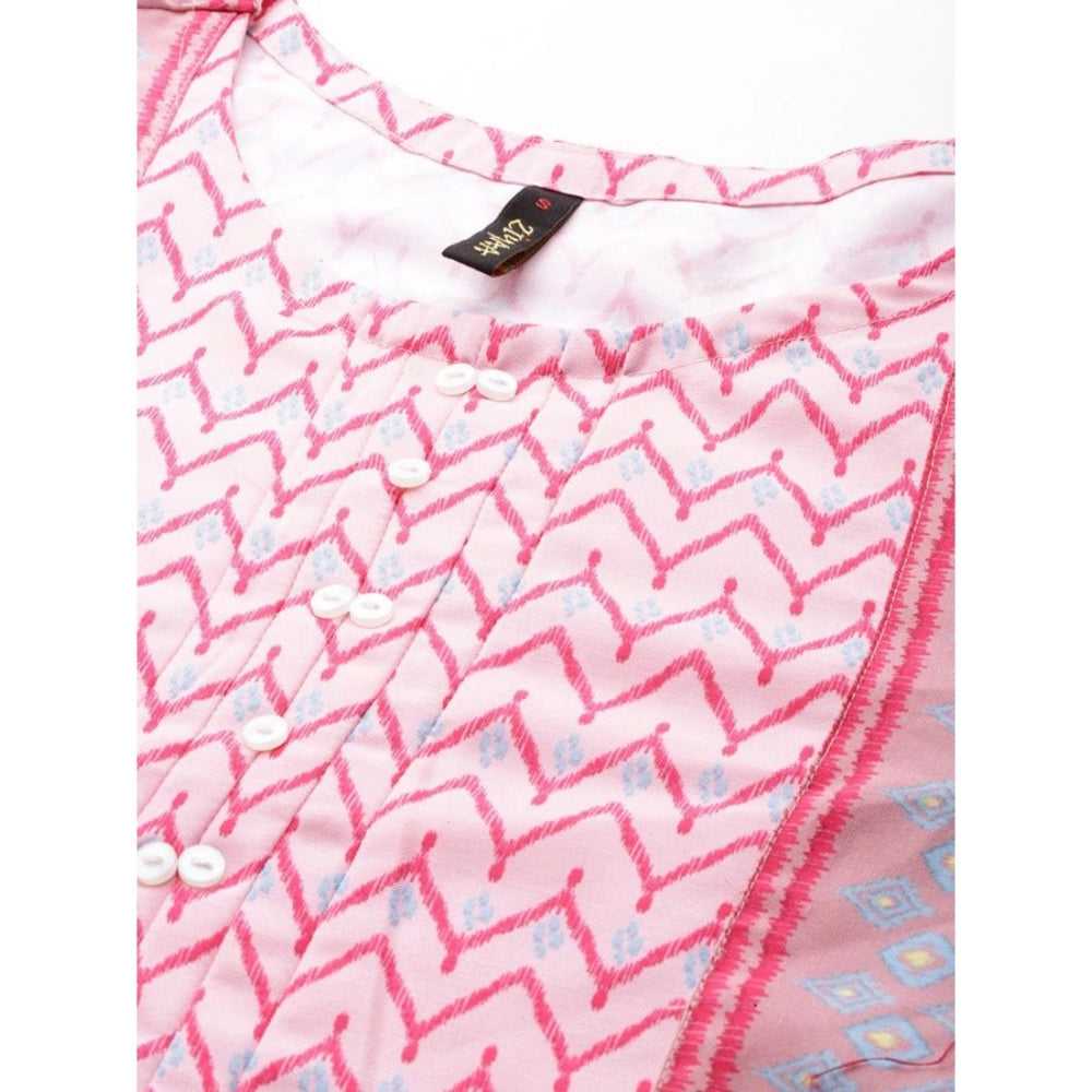 Amfyn Women's Casual Half Sleeve Geometric Rayon Kurti And Palazzo Set (Pink)