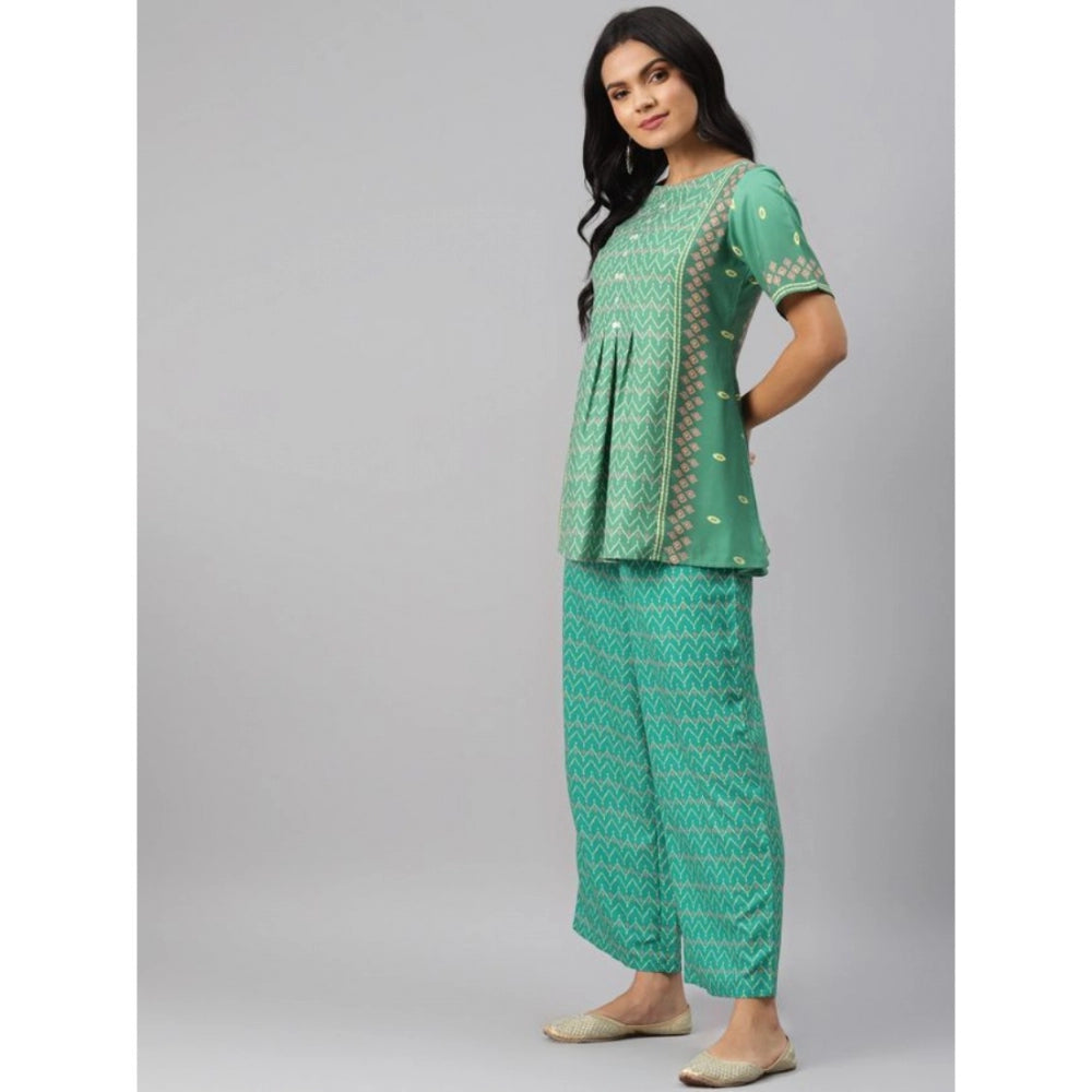 Amfyn Women's Casual Half Sleeve Geometric Rayon Kurti And Palazzo Set (Green)