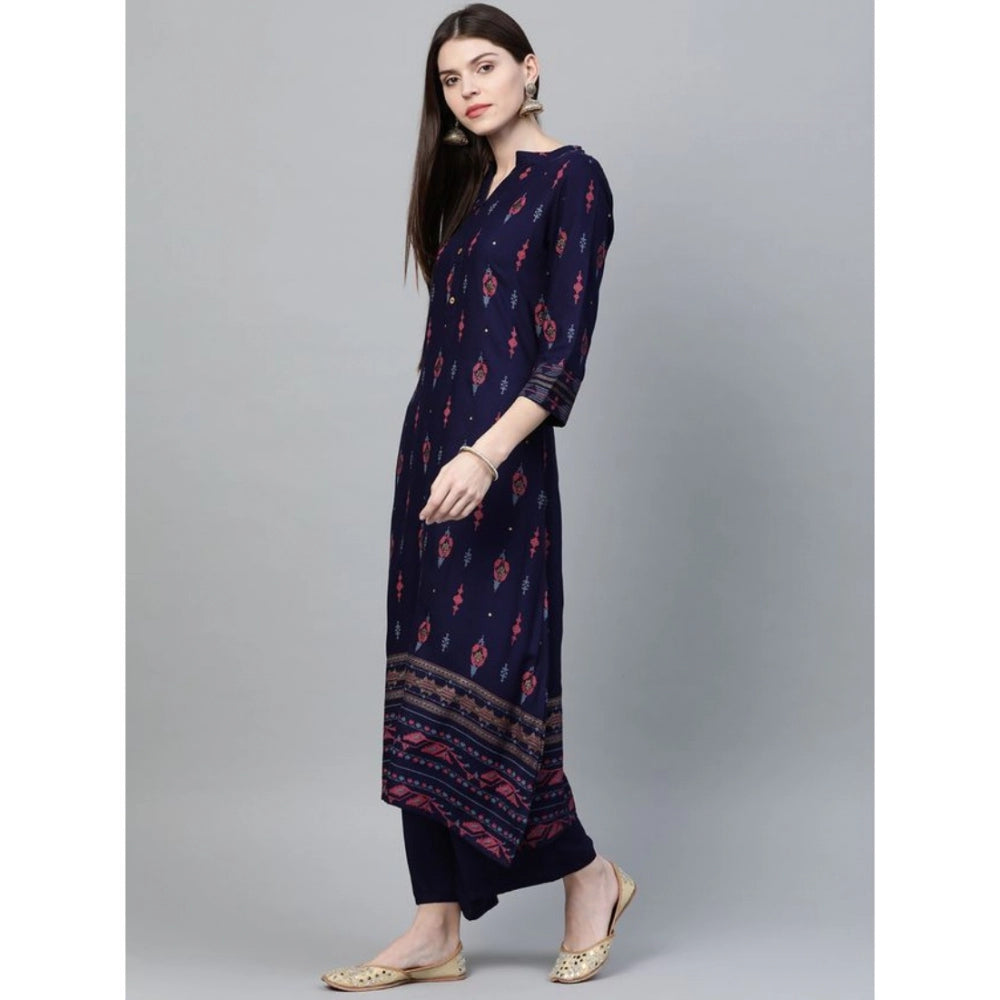 Amfyn Women's Casual 3-4Th Sleeve Ikkat Rayon Kurti and Palazzo Set (Navy Blue)