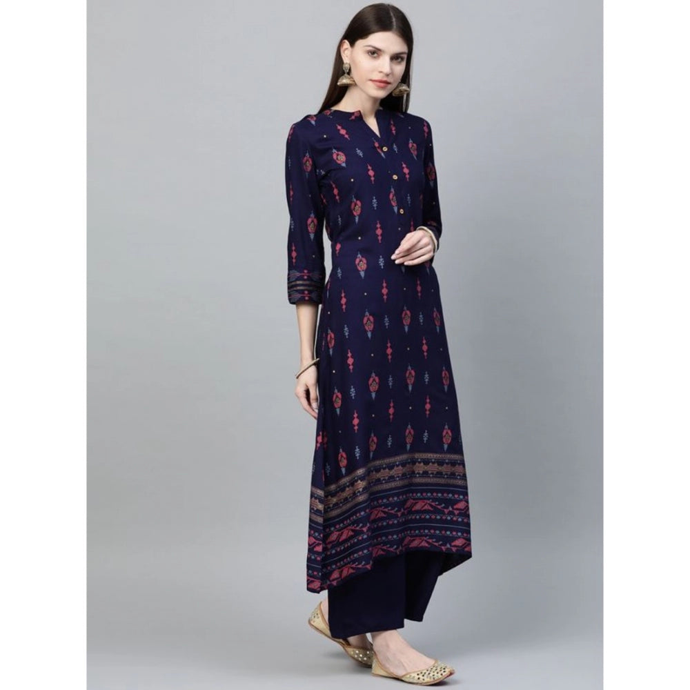 Amfyn Women's Casual 3-4Th Sleeve Ikkat Rayon Kurti and Palazzo Set (Navy Blue)