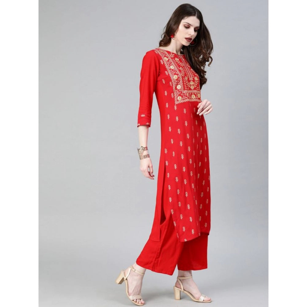 Amfyn Women's Casual 3-4Th Sleeve Floral Printed Rayon Kurti and Palazzo Set (Red)