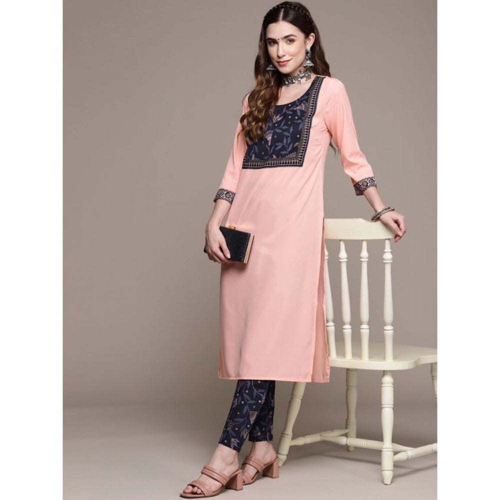 Amfyn Women's Casual 3-4Th Sleeve Floral Printed Crepe Kurti and Pant Set (Light Pink)