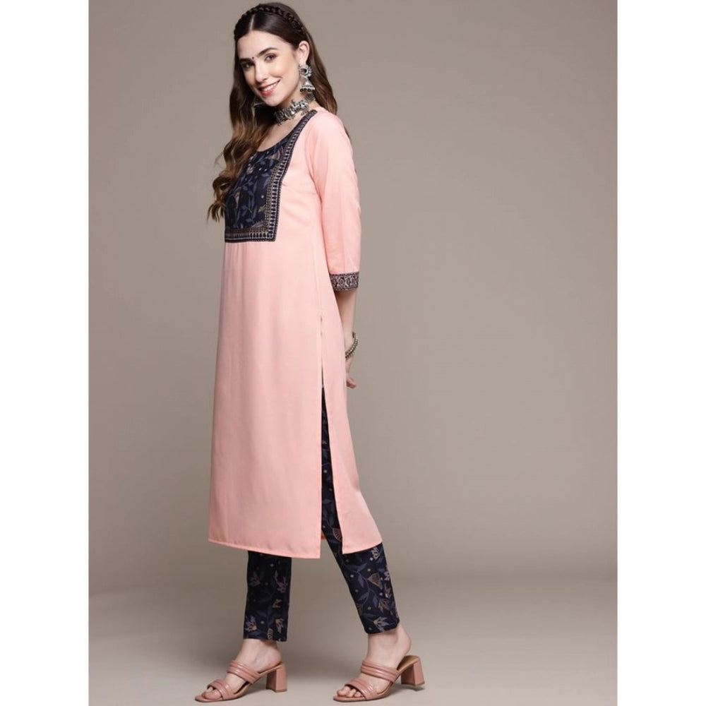 Amfyn Women's Casual 3-4Th Sleeve Floral Printed Crepe Kurti and Pant Set (Light Pink)