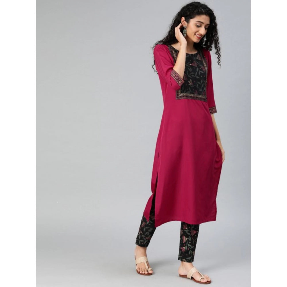 Amfyn Women's Casual 3-4Th Sleeve Floral Printed Crepe Kurti and Pant Set (Pink)