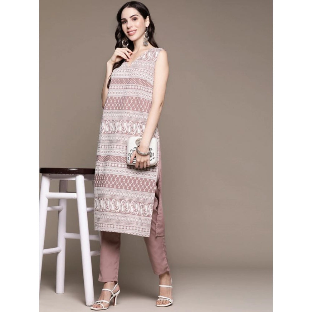 Amfyn Women's Casual Sleeveless Floral Printed Crepe Kurti And Pant Set (Light Wine)