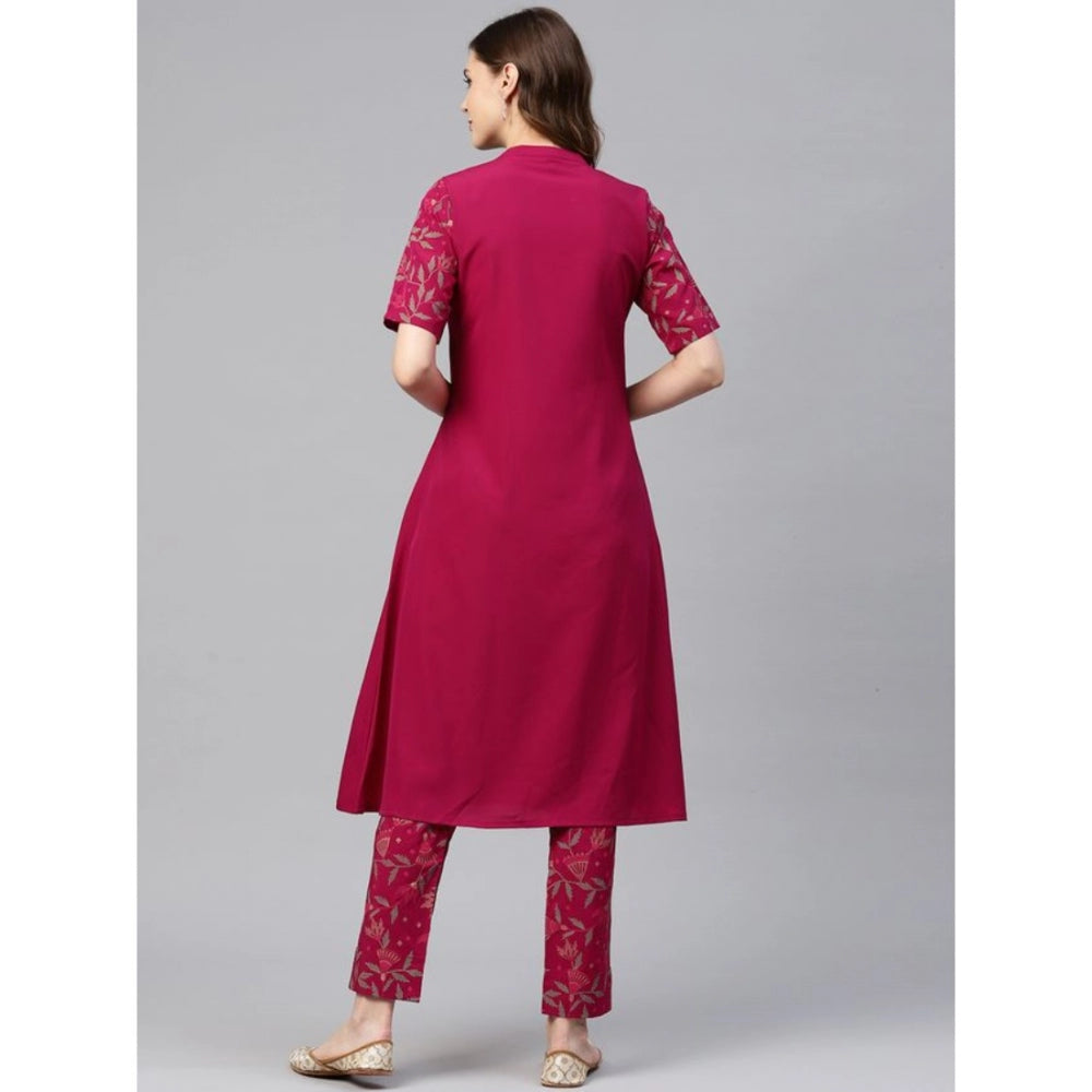 Amfyn Women's Casual Half Sleeve Floral Printed Crepe Kurti And Pant Set (Pink)