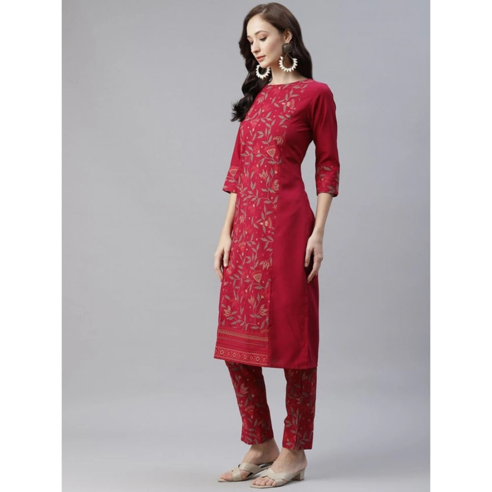 Amfyn Women's Casual 3-4Th Sleeve Floral Printed Crepe Kurti And Pant Set (Maroon)