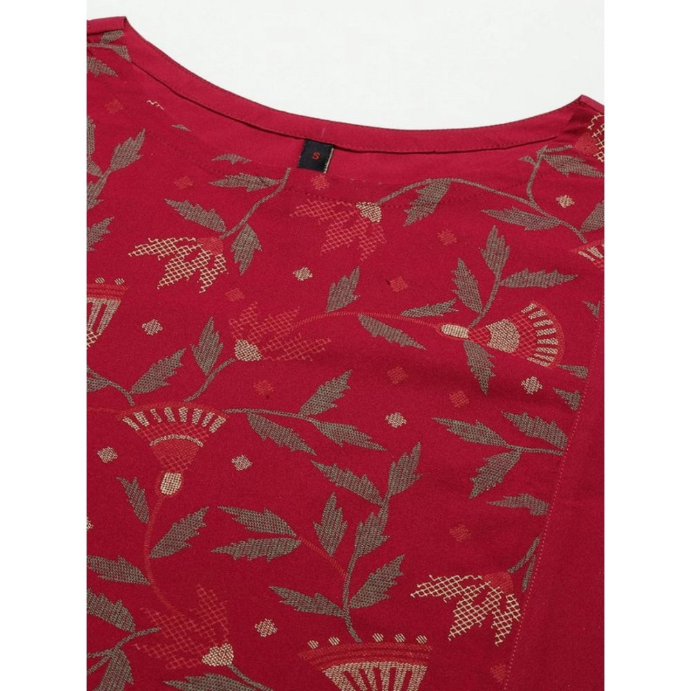 Amfyn Women's Casual 3-4Th Sleeve Floral Printed Crepe Kurti And Pant Set (Maroon)