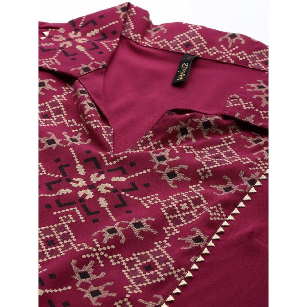 Amfyn Women's Casual 3-4Th Sleeve Geometric Crepe Kurti and Pant Set (Maroon)