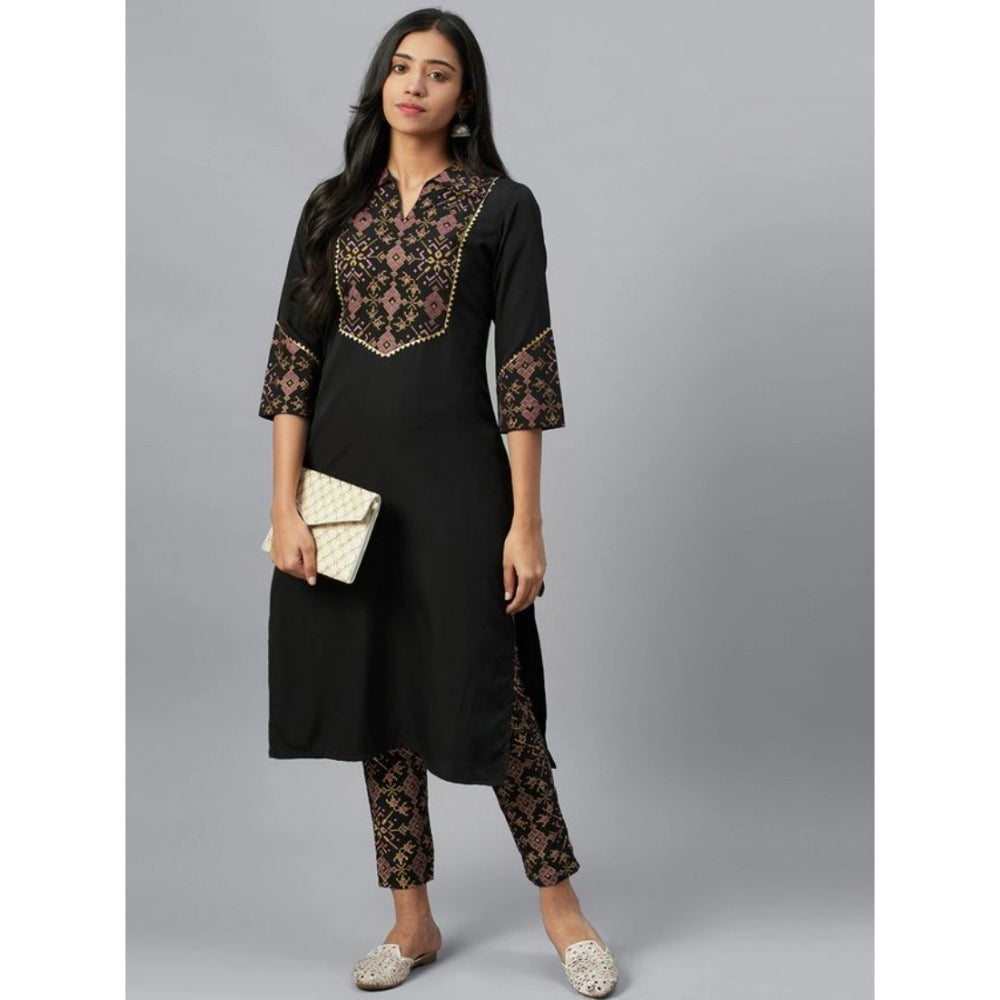 Amfyn Women's Casual 3-4Th Sleeve Geometric Crepe Kurti and Pant Set (Black)