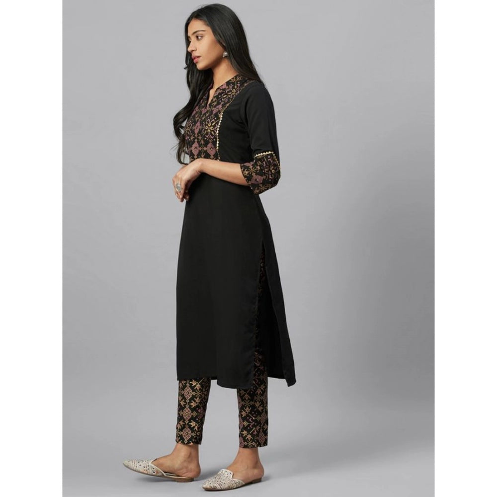Amfyn Women's Casual 3-4Th Sleeve Geometric Crepe Kurti and Pant Set (Black)