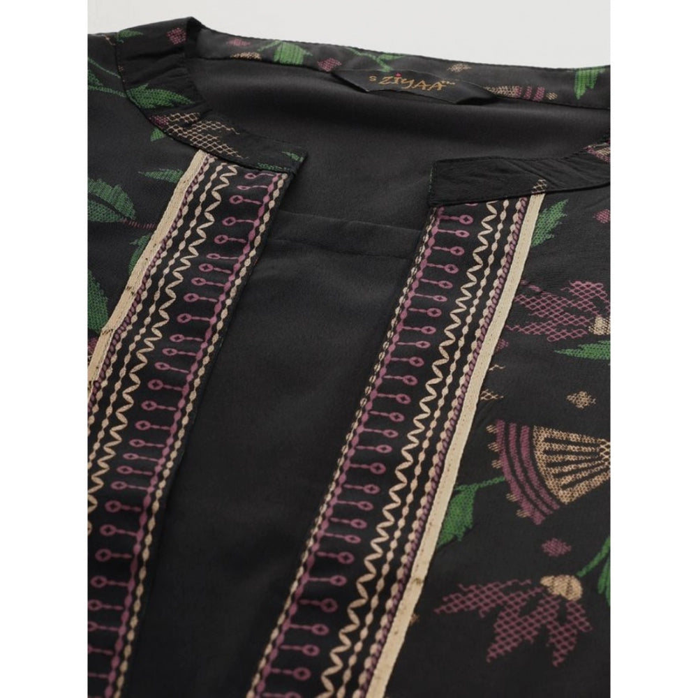Amfyn Women's Casual 3-4Th Sleeve Floral Printed Crepe Kurti and Pant Set (Black)