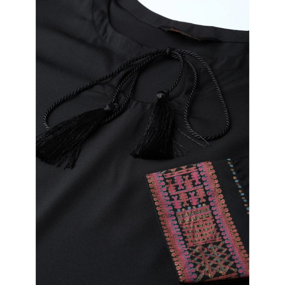 Amfyn Women's Casual 3-4Th Sleeve Solid Crepe Kurti and Pant Set (Black)