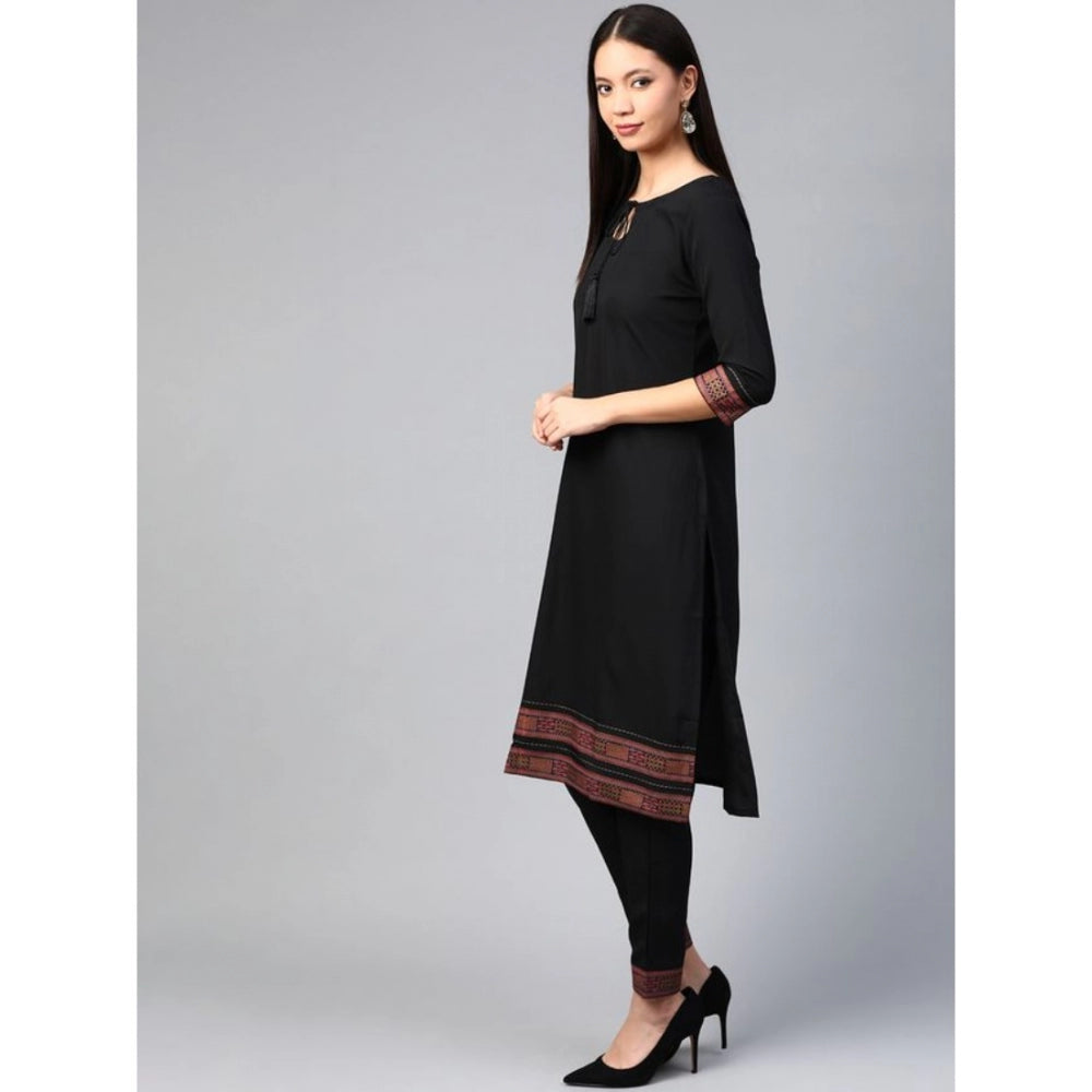 Amfyn Women's Casual 3-4Th Sleeve Solid Crepe Kurti and Pant Set (Black)
